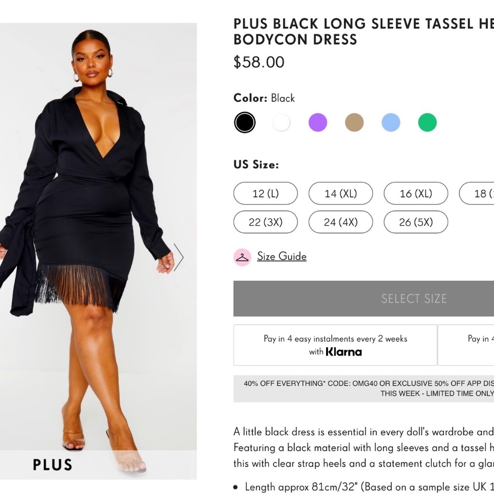 PRETTYLITTLETHING Plus Black Long Sleeve Tassel Hem Drape Detail Bodycon Dress